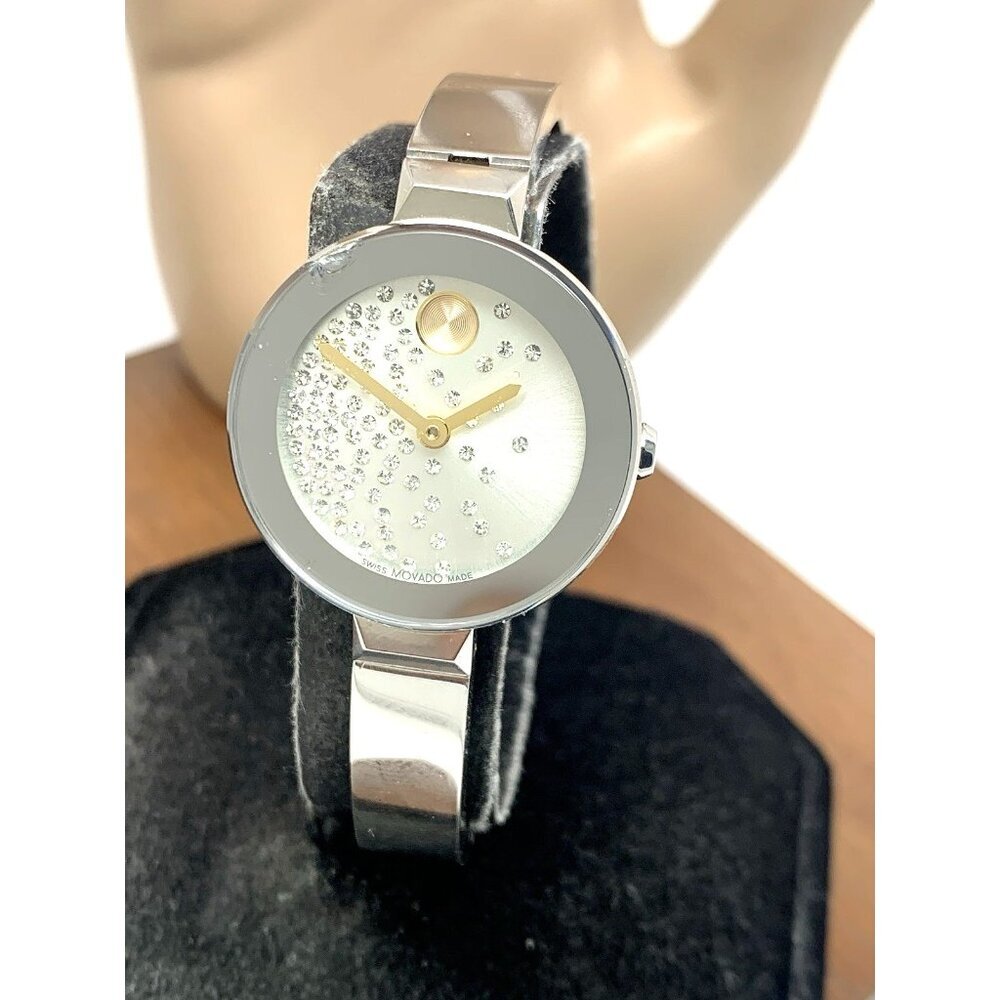Movado Women’s Silver Bangle Watch with Crystal Accents and Gold-Tone Hands